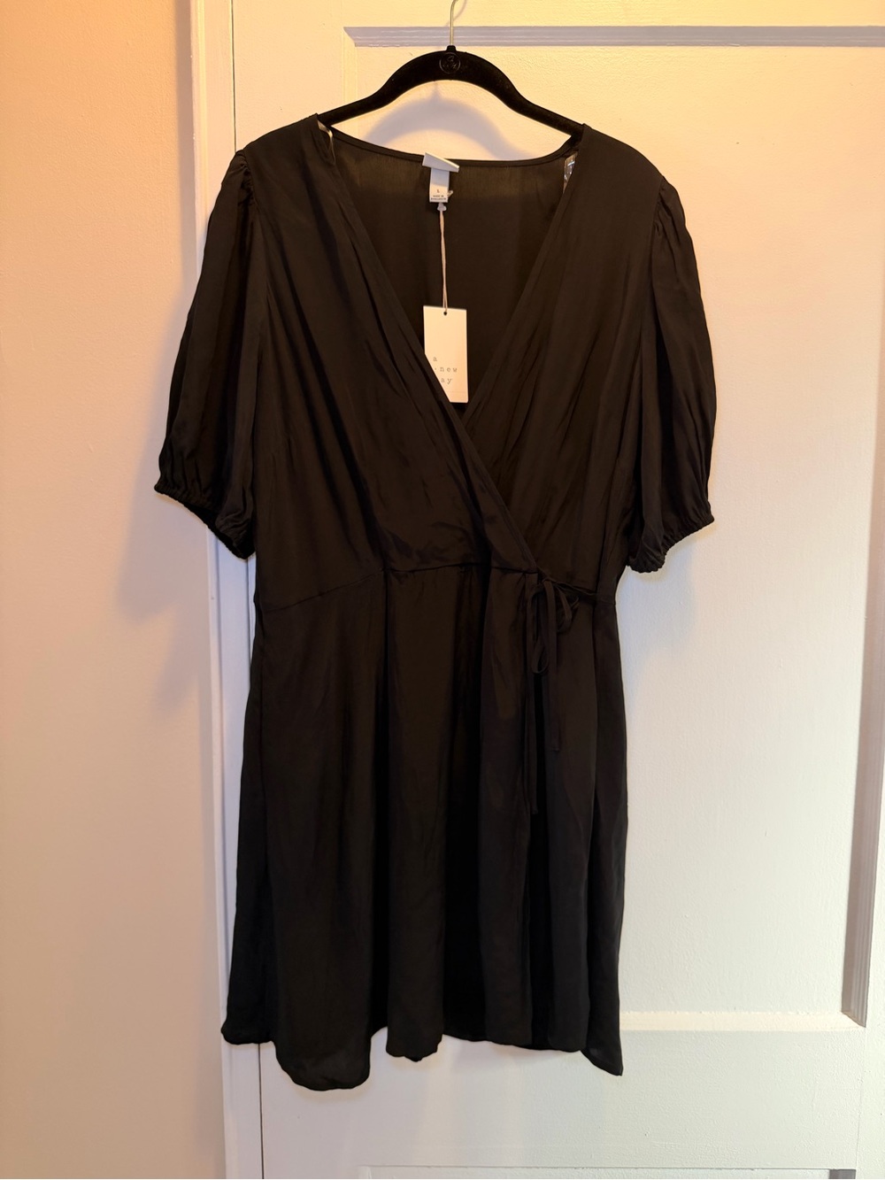 a new day Black Wrap Mini Dress with Tie and Puff Sleeves